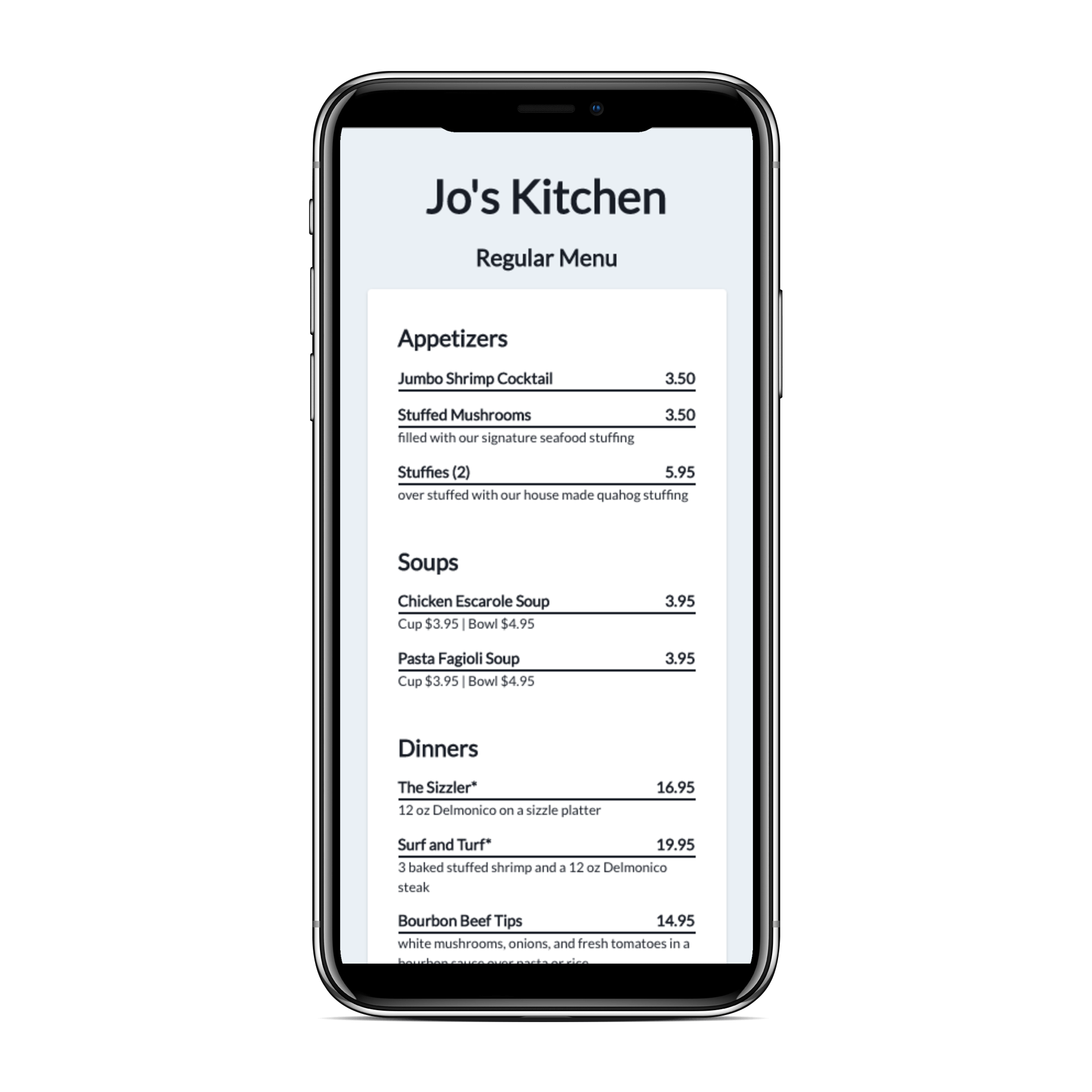 Online menu displayed on a mobile phone
